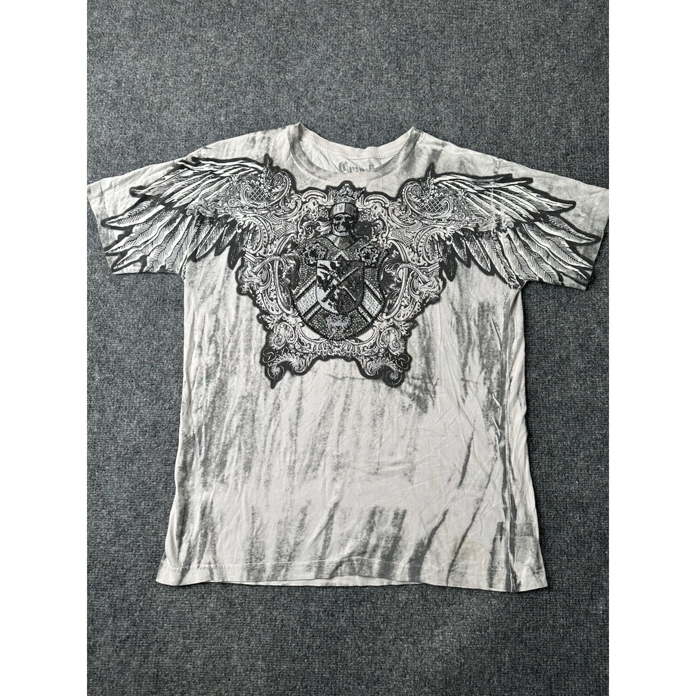 Mens Crank Skull Wings Graphic T Shirt Gray Tie Dye, Size L